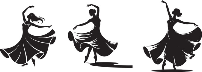 Elegant Ballerina Silhouettes in Graceful Poses Performing Ballet Dance with Flowing Gowns Artistic Vector Design