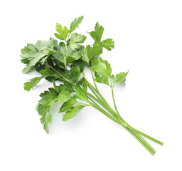Sprigs of fresh parsley isolated on white, top view