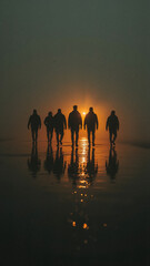 Silhouettes of six people walking on a wet surface reflecting the setting sun group
