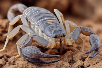 Close-up view of a scorpion exploring a rocky habitat during daylight in a desert environment