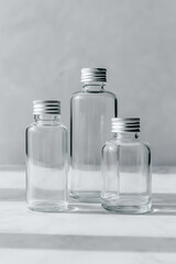Clear glass containers display sophisticated minimalist packaging design for premium beauty products.