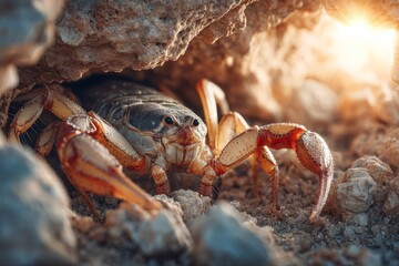 Crab emerging from rocky hideout during sunset on a sandy beach