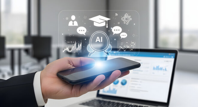 Professional explores AI learning tools on mobile, enhancing business growth and driving innovation forward