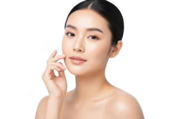 Closeup portrait of a beautiful young asian woman gently touching her cheek, highlighting flawless skin and natural beauty, isolated on transparent background