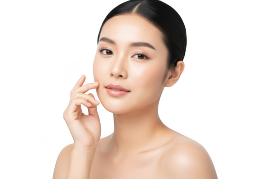 Closeup portrait of a beautiful young asian woman gently touching her cheek, highlighting flawless skin and natural beauty, isolated on transparent background