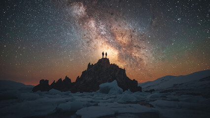Silhouettes of two people standing on a rocky outcrop under the Milky Way galaxy