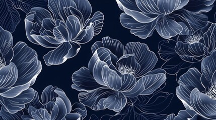 Elegant Blue Floral Pattern with Delicate White Line Art Flower Designs