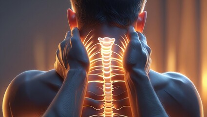Human spine and neck pain concept with glowing vertebrae and muscles