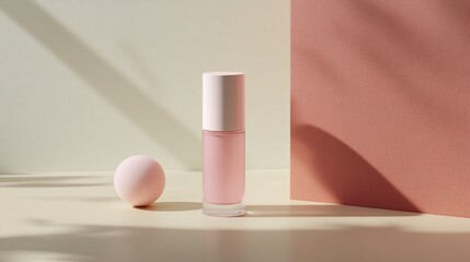 Minimalist Composition Featuring Pink Bottle, Sphere, and Textured Backgrounds with Shadows