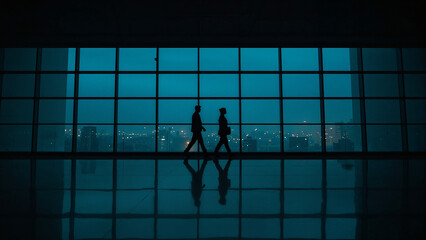 Silhouettes of two people walking in a modern office building at dusk with city lights visible through large windows