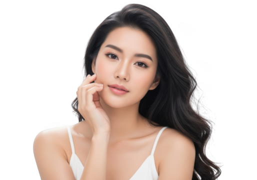 Beautiful asian woman with long wavy dark hair and glowing skin, isolated on transparent background