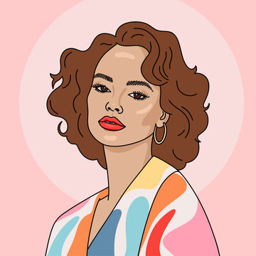 Happy Young Lady with Short Wavy Hair and Red Lips Wearing a Multicolor Shirt Against Pink Background