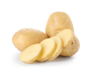 Whole and cut potatoes isolated on white