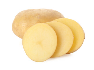 Whole and cut potatoes isolated on white