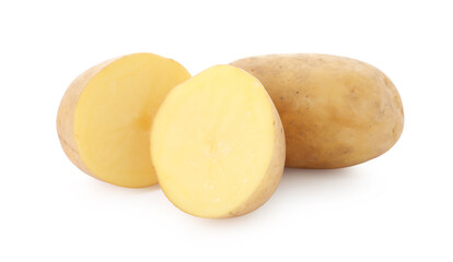 Whole and cut potatoes isolated on white