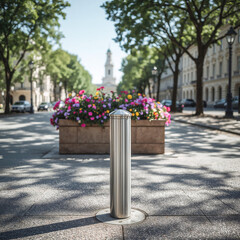 Silver bollard in the foreground of a city street with blooming flower planter and buildings