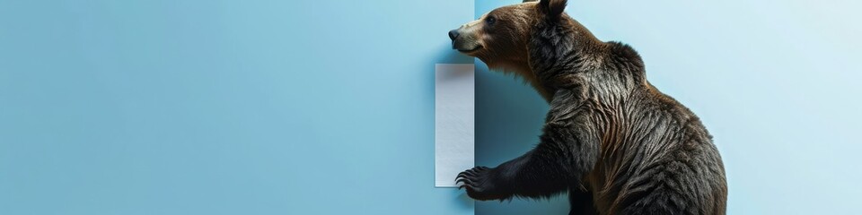 Curious brown bear peeking from behind a corner against a minimal blue background.