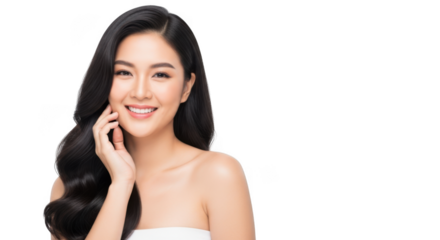 Attractive young asian woman with long wavy black hair smiling, touching her cheek, isolated on transparent background