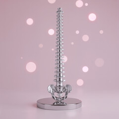 Silver human spine model with pelvis on a reflective pedestal with pink bokeh background