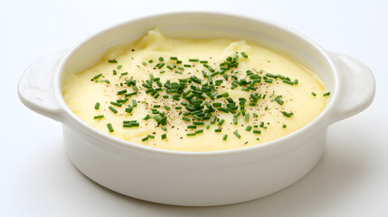 Fototapeta premium Creamy French Aligot Dish with Fresh Chives and Seasoning Displayed in Elegant White Serving Dish