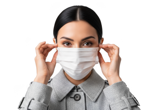 Woman wearing a white medical face mask for protection against viruses and diseases, isolated on transparent background