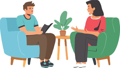 Open Communication in a Therapy Setting with Calm Environment, Two People, Counseling Session, Plant in the Middle, Furniture