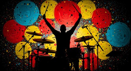 Drummer Silhouette Performing Live Music Concert with Colorful Abstract Background Art