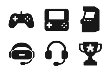 Minimal filled vector icons representing gaming elements like trophy, handheld console, and headset. Ideal for video game designs and branding.
