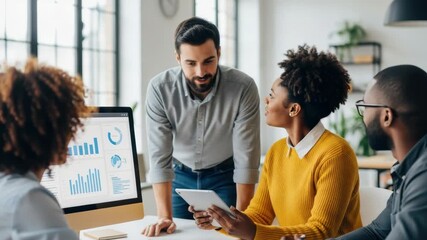 A diverse group of professionals engaged in a collaborative meeting in a modern office analyzing data on a computer screen while discussing strategies and insights - Powered by Adobe