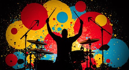 Drummer Silhouette Performing Live Music Concert with Colorful Abstract Background Art