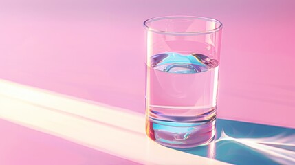 Refreshing glass of water creating a light caustic effect on a pink backdrop.