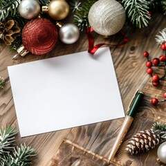 Festive Christmas background with blank card for writing holiday greetings.