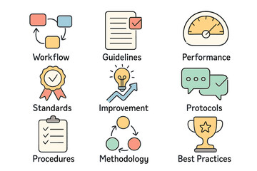 Visual representation of business concepts related to workflow, improvement, and best practices in a modern office environment