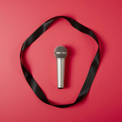Silver Microphone Centered Inside a Black Ribbon Loop on Red Background Keywords: microphone, silver, metallic, audio, sound, music, recording