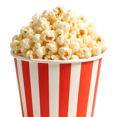 A full bucket of freshly popped buttery popcorn with red and white stripes isolated on transparent background