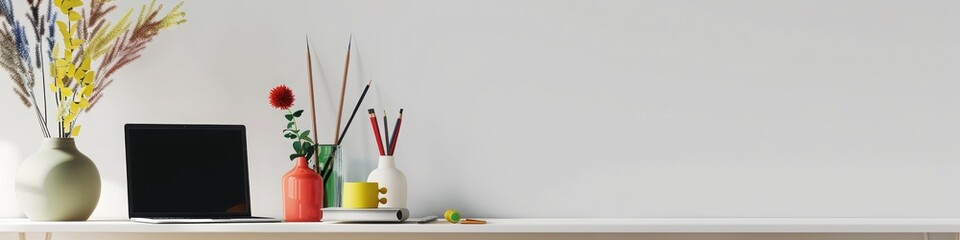 Modern home office workspace with a tablet and colorful decorations on a wooden shelf