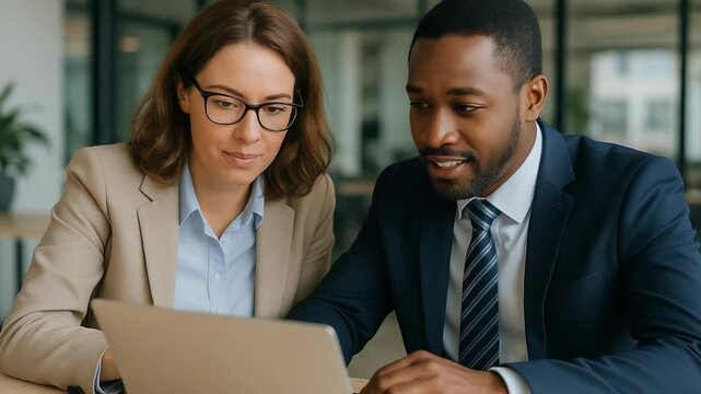 A young Caucasian woman with glasses and a brown blazer collaborates with a young African man in a suit at a laptop in a modern office setting. - Powered by Adobe