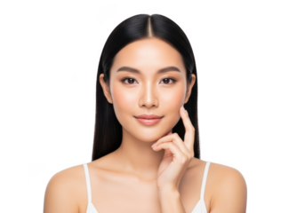 Front view portrait of a young asian woman with long dark hair, clean skin, and natural makeup, touching her cheek, isolated on transparent background
