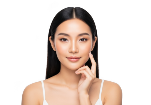 Front view portrait of a young asian woman with long dark hair, clean skin, and natural makeup, touching her cheek, isolated on transparent background
