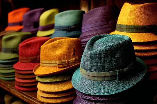Colorful felt hats arranged neatly on display in a shop showcasing a variety of styles and colors in the afternoon light
