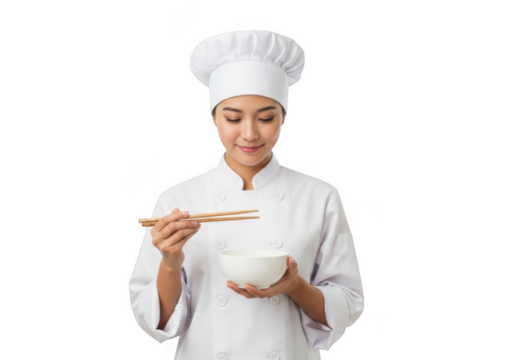 Asian female chef in uniform holding chopsticks and bowl, ready to eat, isolated on transparent background - Powered by Adobe