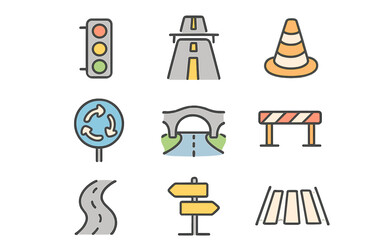 Traffic symbols and road elements represented in colorful icons for urban navigation and safety awareness