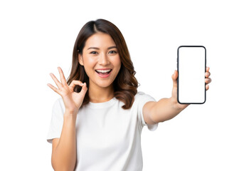 Happy young asian woman holding a blank smartphone and showing ok gesture, isolated on transparent background