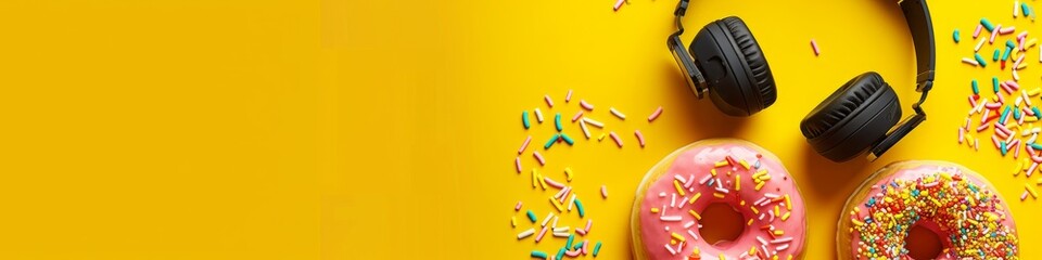 Indulgent snack time with delicious glazed donuts and music from wireless headphones.