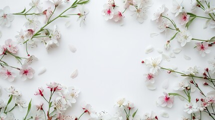 Fresh spring blooming branches forming a beautiful floral border on white background