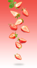 Fresh juicy strawberries falling against red gradient background
