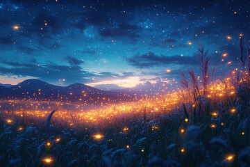 Fireflies dance above a grassy field.