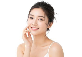 Beautiful young asian woman with perfect skin, smiling gently and touching her cheek, isolated on transparent background