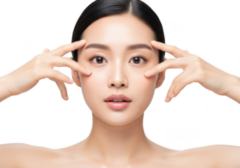 Closeup portrait of a beautiful young asian woman touching her face, isolated on transparent background