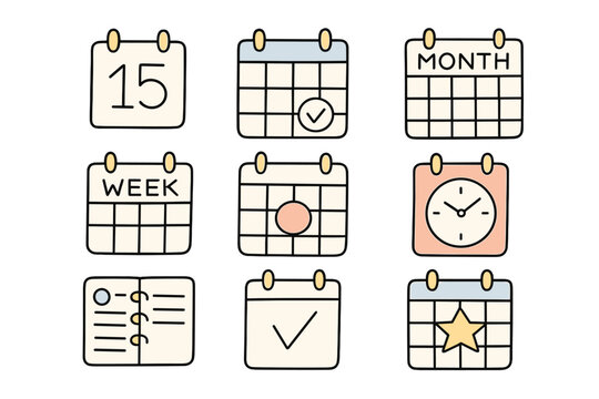 Calendar icons illustrating various time management concepts displayed in a grid format - Powered by Adobe